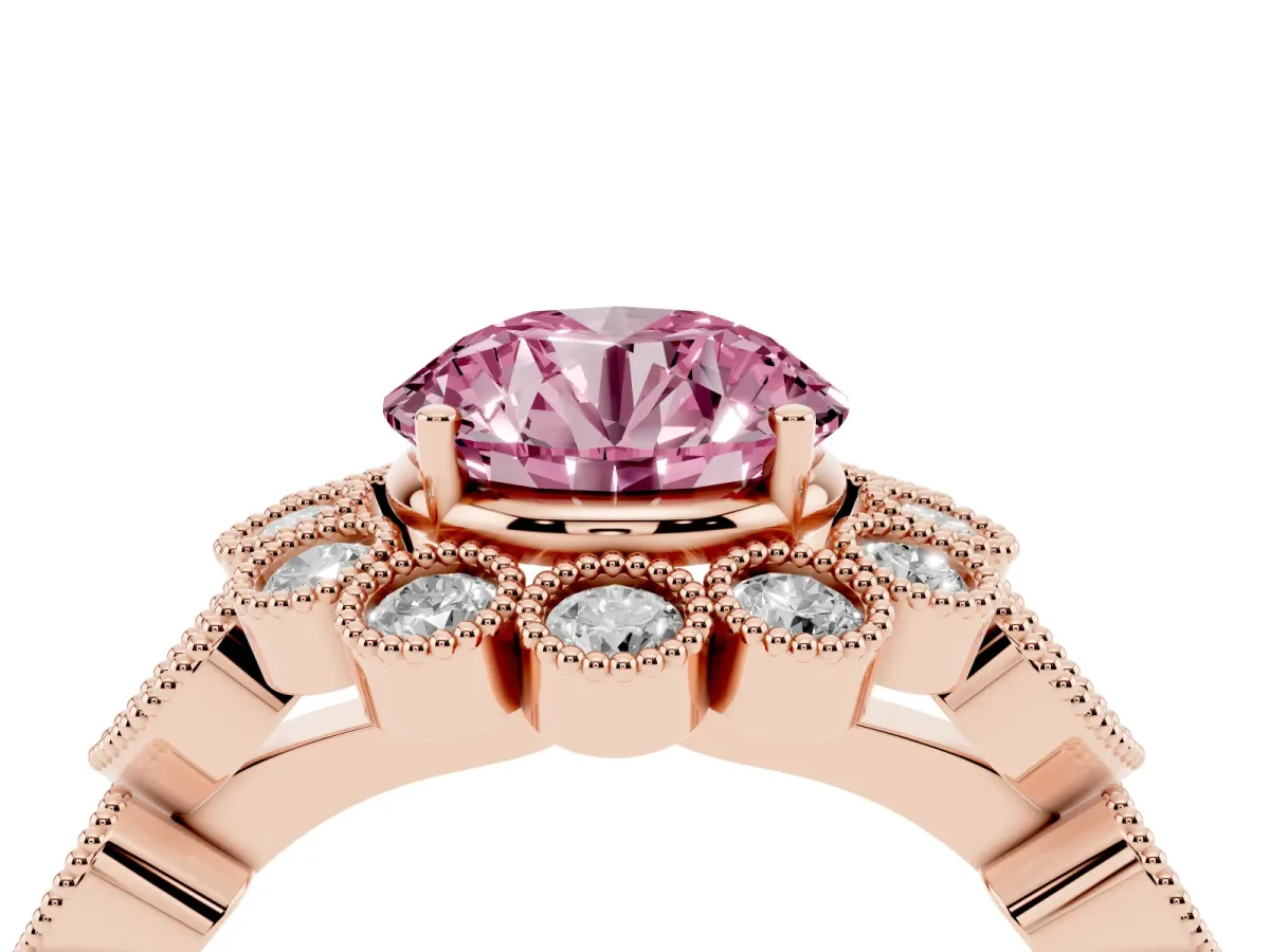 Fancy Pink Round Cut Brilliant Milgrain Pave Heart Band Solitaire Ring Rose gold