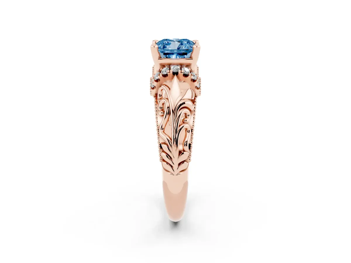 Fancy Blue Cushion Cut Solitaire Filigree Engagement Ring with Halo and Prong Setting Rose gold