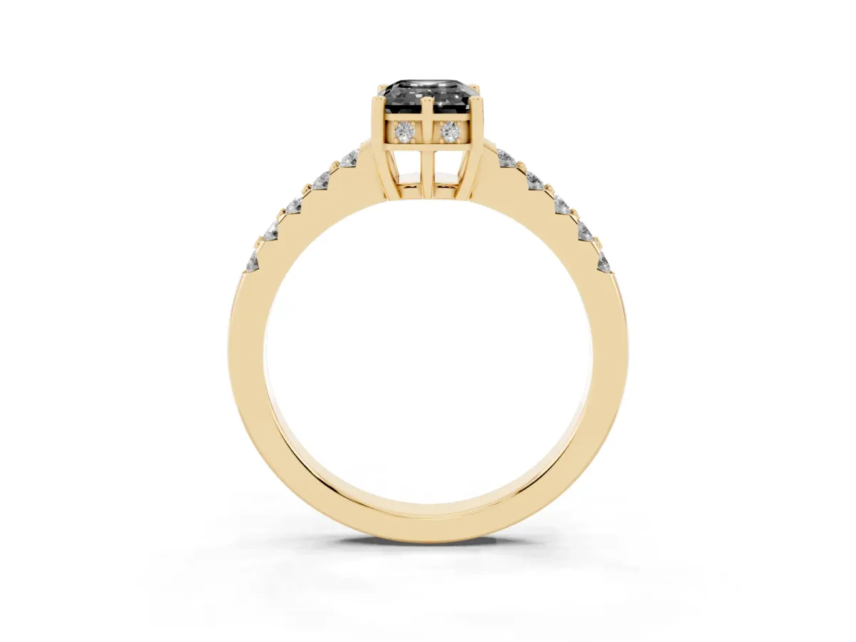 Fancy Black Emerald Cut Solitaire Diamond Engagement Ring with Pavé Band and Six-Prong Setting Yellow gold