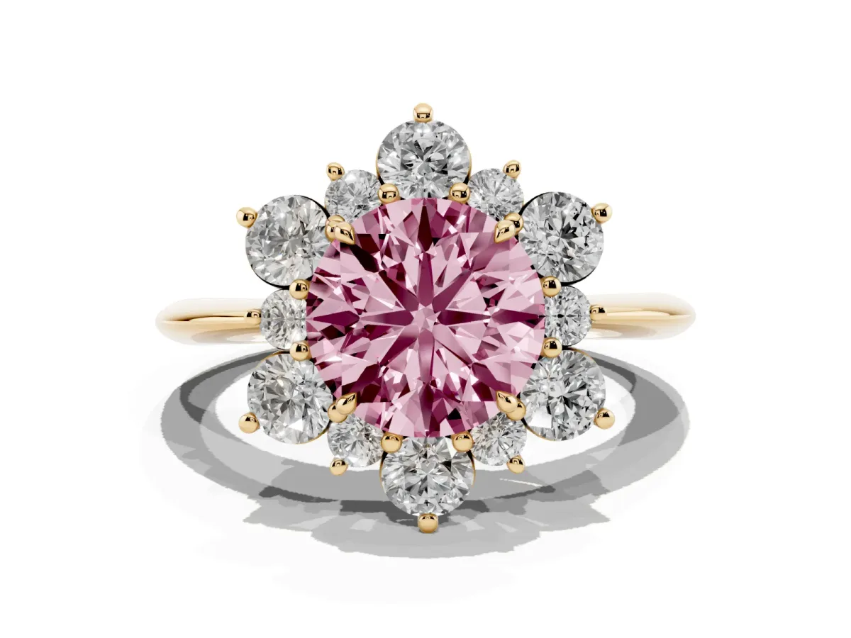 Fancy Pink Round Cut Diamond Cluster Halo Ring with Solitaire Band and Four-Prong Setting Yellow gold