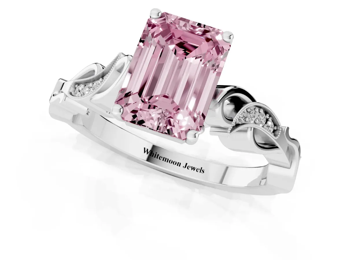 Fancy Pink Emerald Cut Solitaire Vine Band with Milgrain Prong Setting Silver