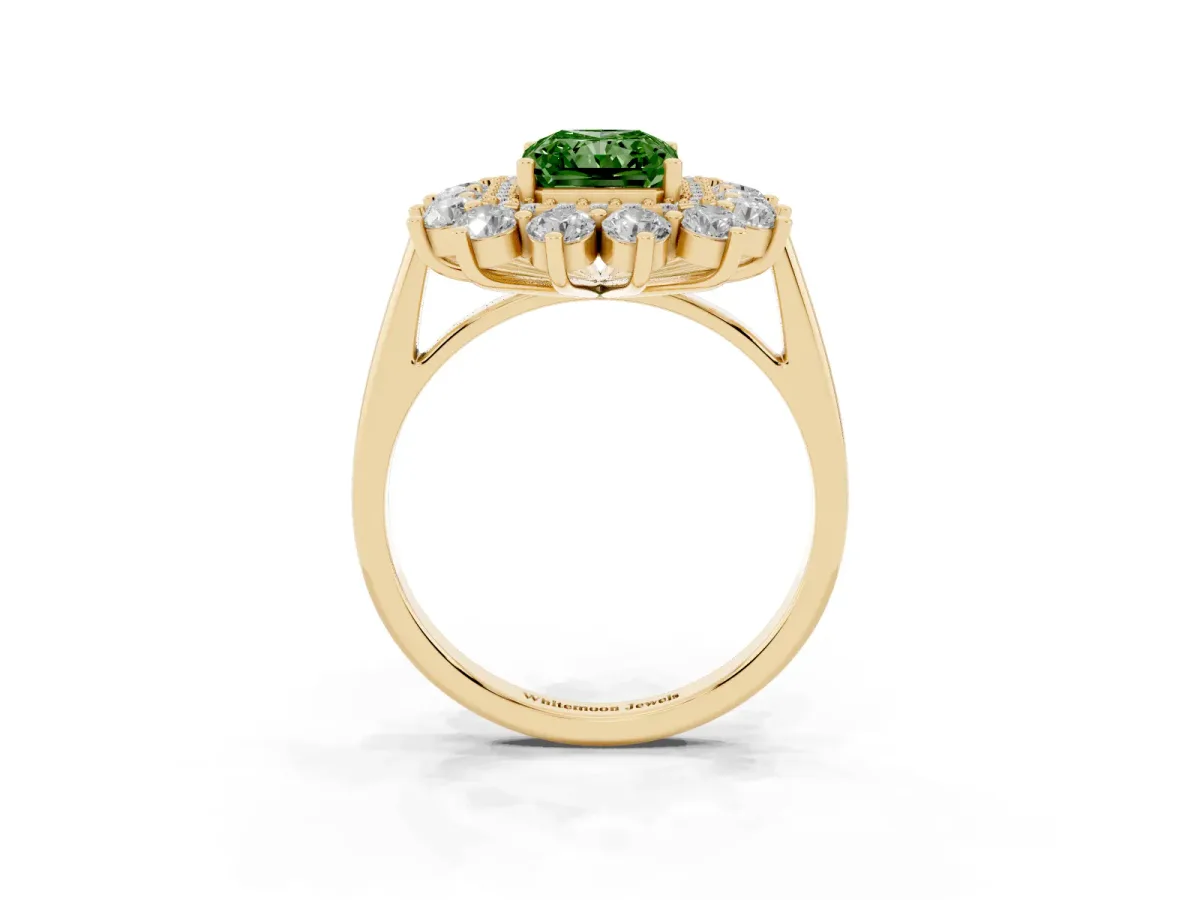 Fancy Green Radiant Cut Diamond Floral Double Halo Engagement Ring with Prong Setting Yellow gold