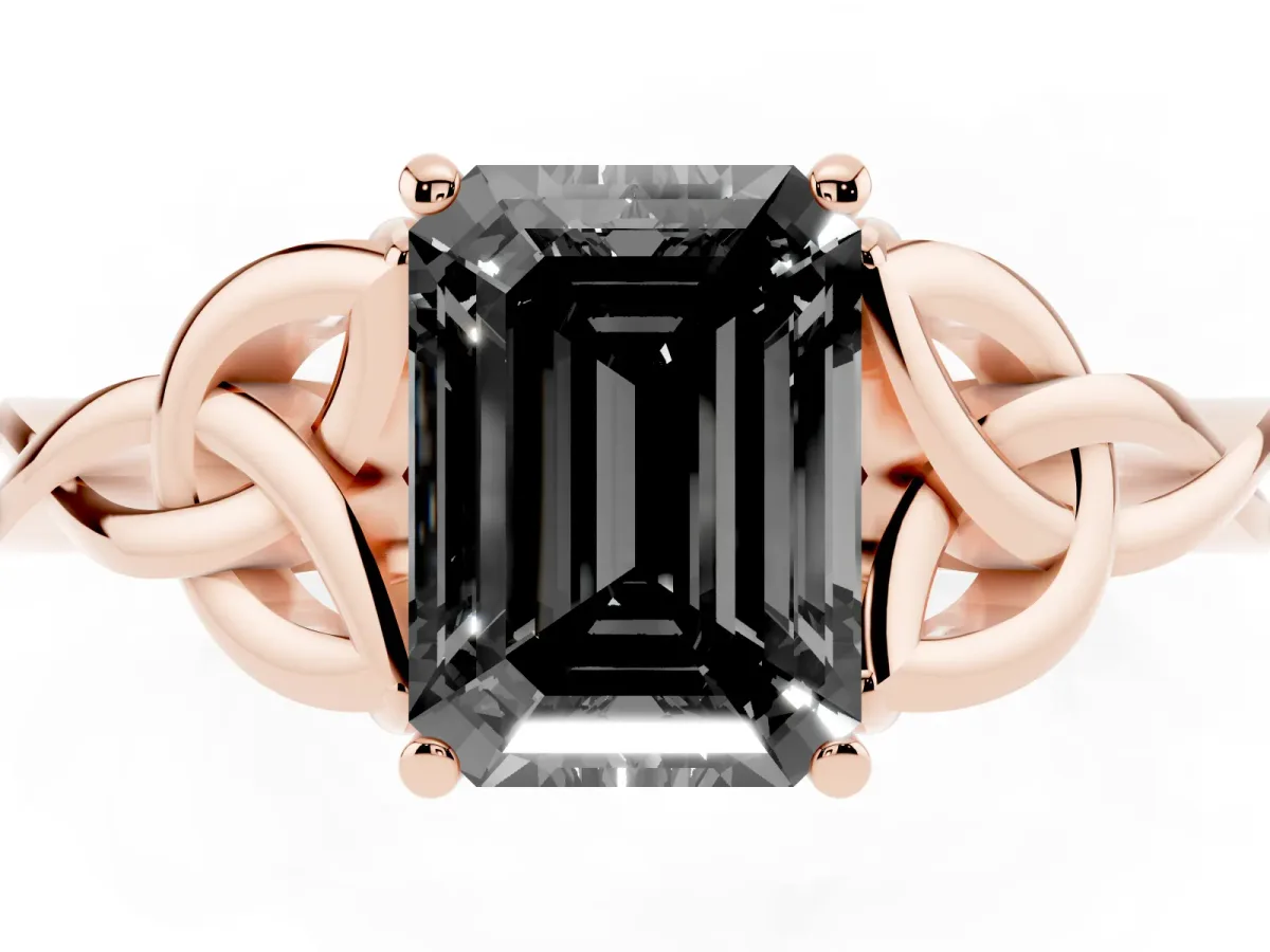 Fancy Black Emerald Cut Diamond Solitaire Engagement Ring with Celtic Knot Band and Four-Prong Setting Rose gold