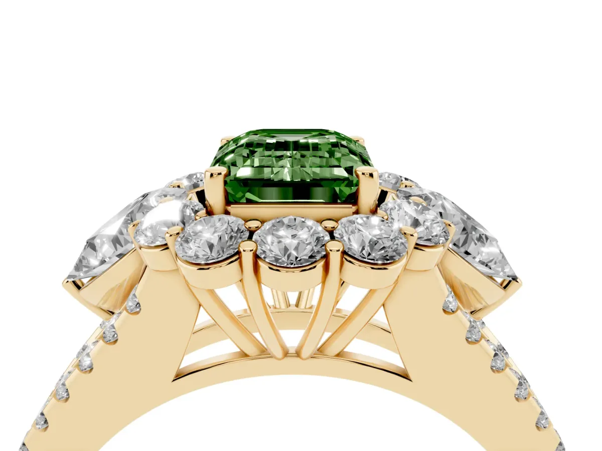 Fancy Green Emerald Cut Halo Split Shank Diamond Engagement Ring with Prong Setting Yellow gold