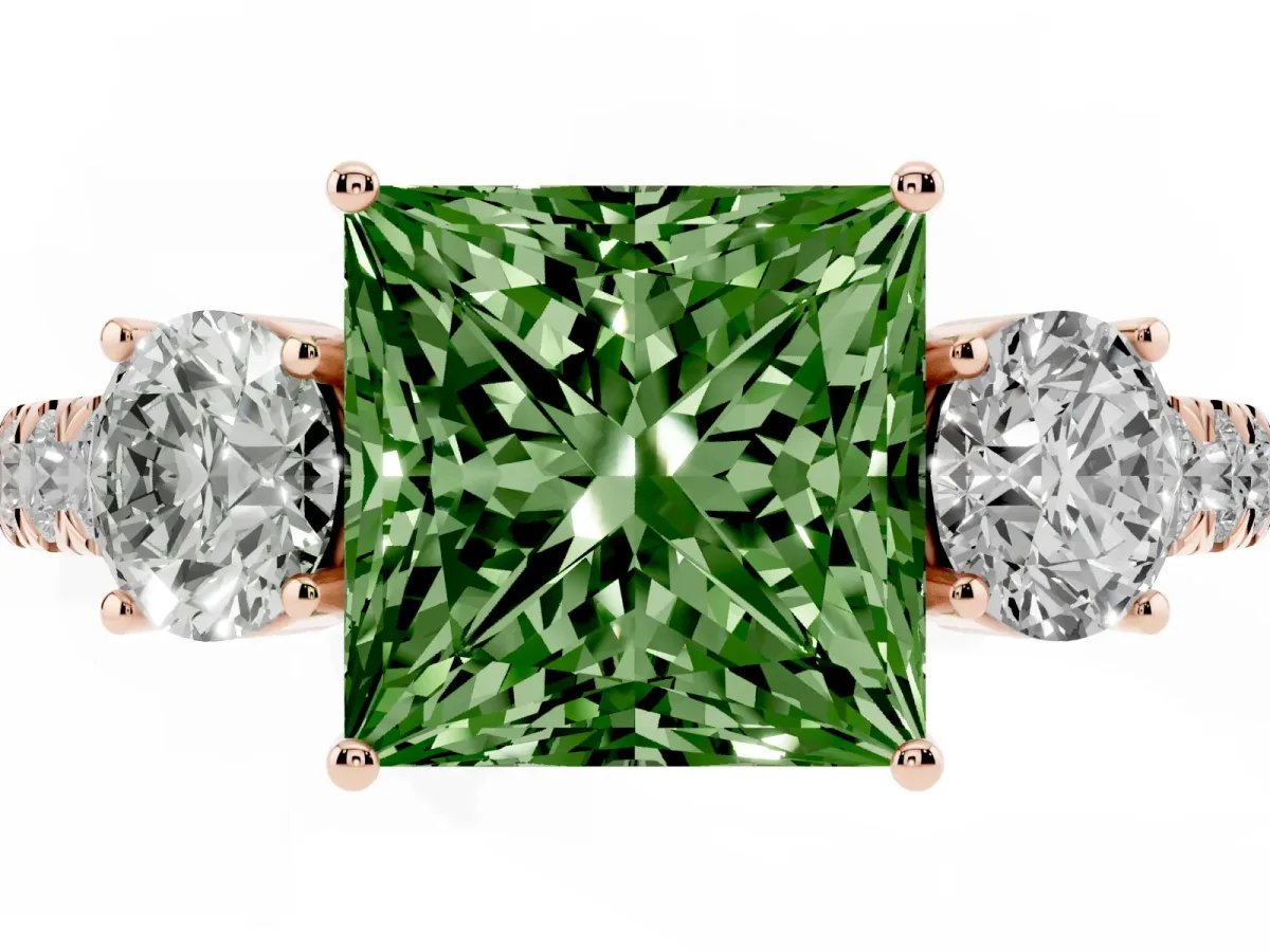 Fancy Green Princess Cut Cut Diamond Three-Stone Ring with Round Side Stones and Pavé Band Rose gold