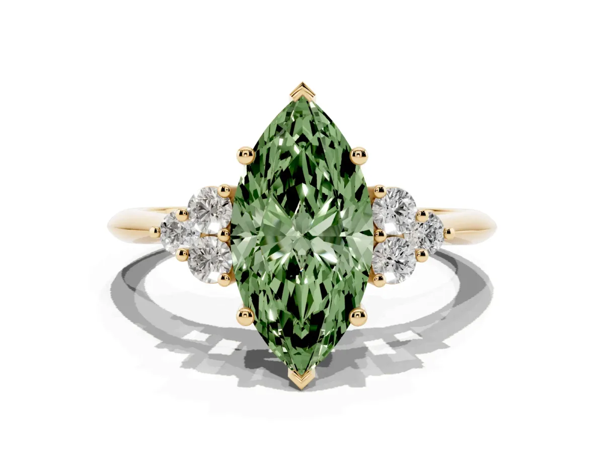 Fancy Green Marquise Cut Cut Diamond Cluster Ring with Solitaire Band and Four-Prong Setting Yellow gold