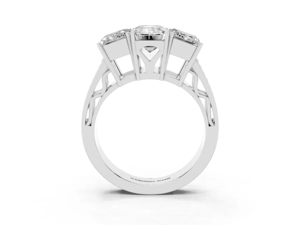 Emerald Cut Diamond Three-Stone Ring with Prong Setting and Textured Band White gold