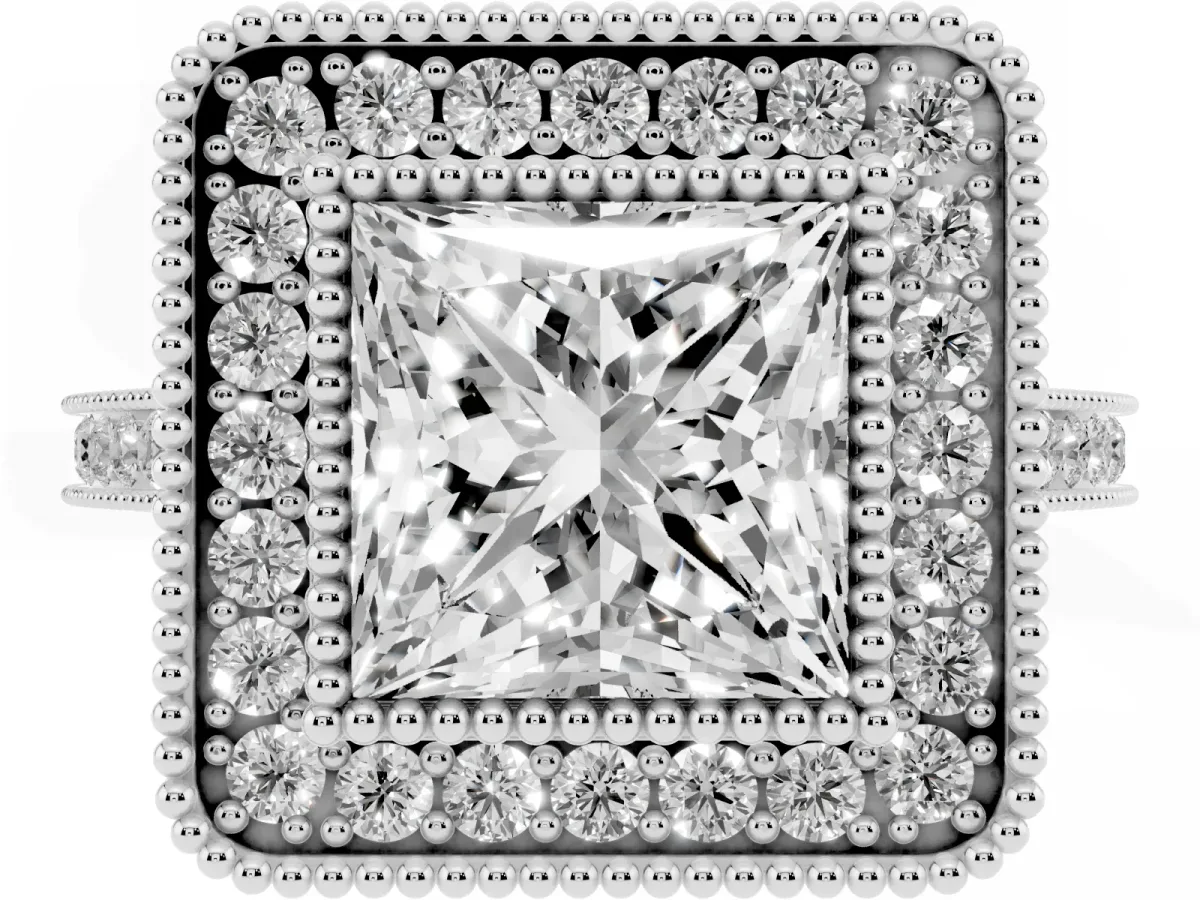 Princess Cut Diamond Halo Ring with Milgrain Frame and Pavé Band Platinum