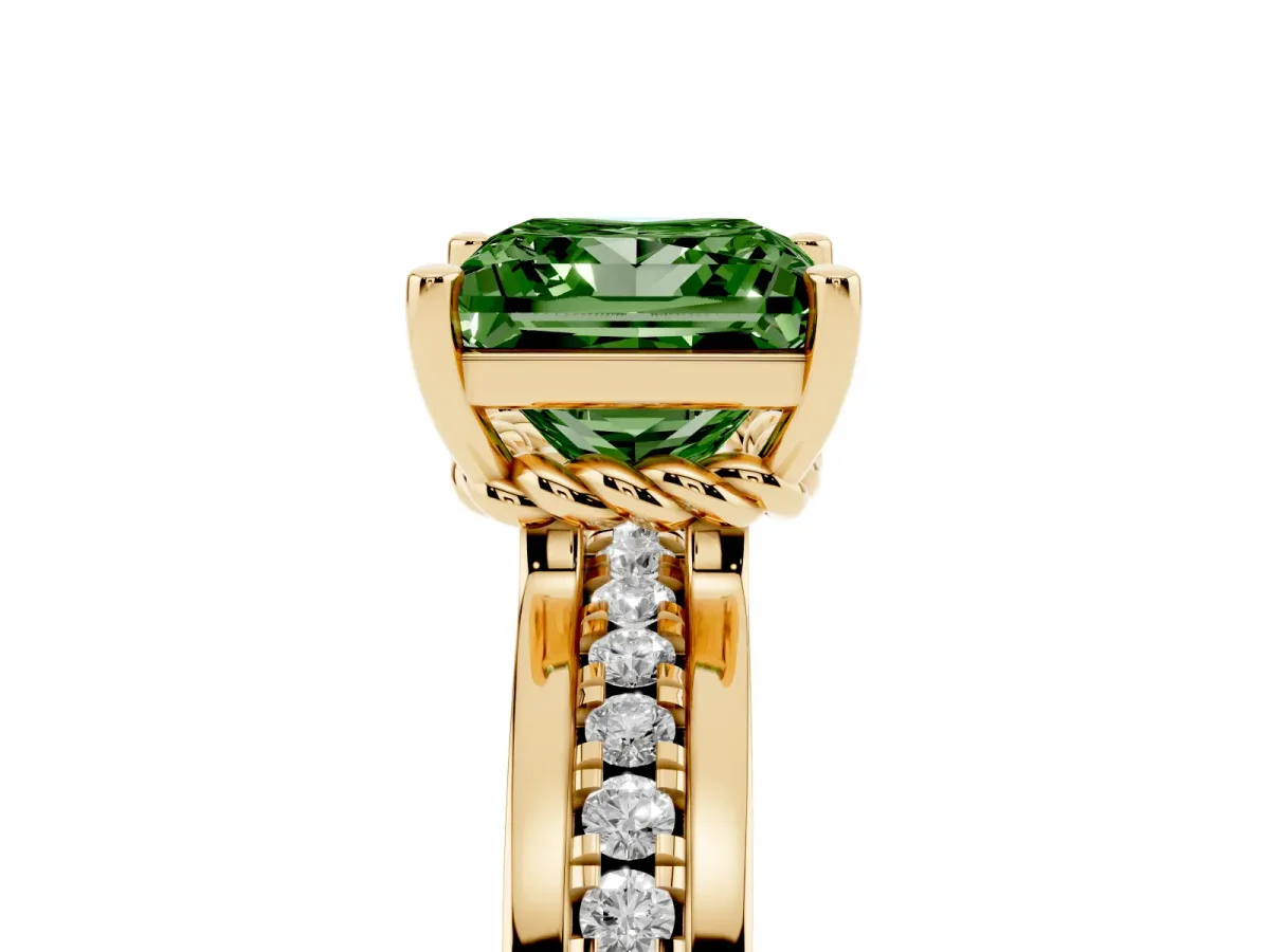Fancy Green Princess Cut Solitaire Diamond Ring with Channel Set Band and Six-Prong Setting Yellow gold