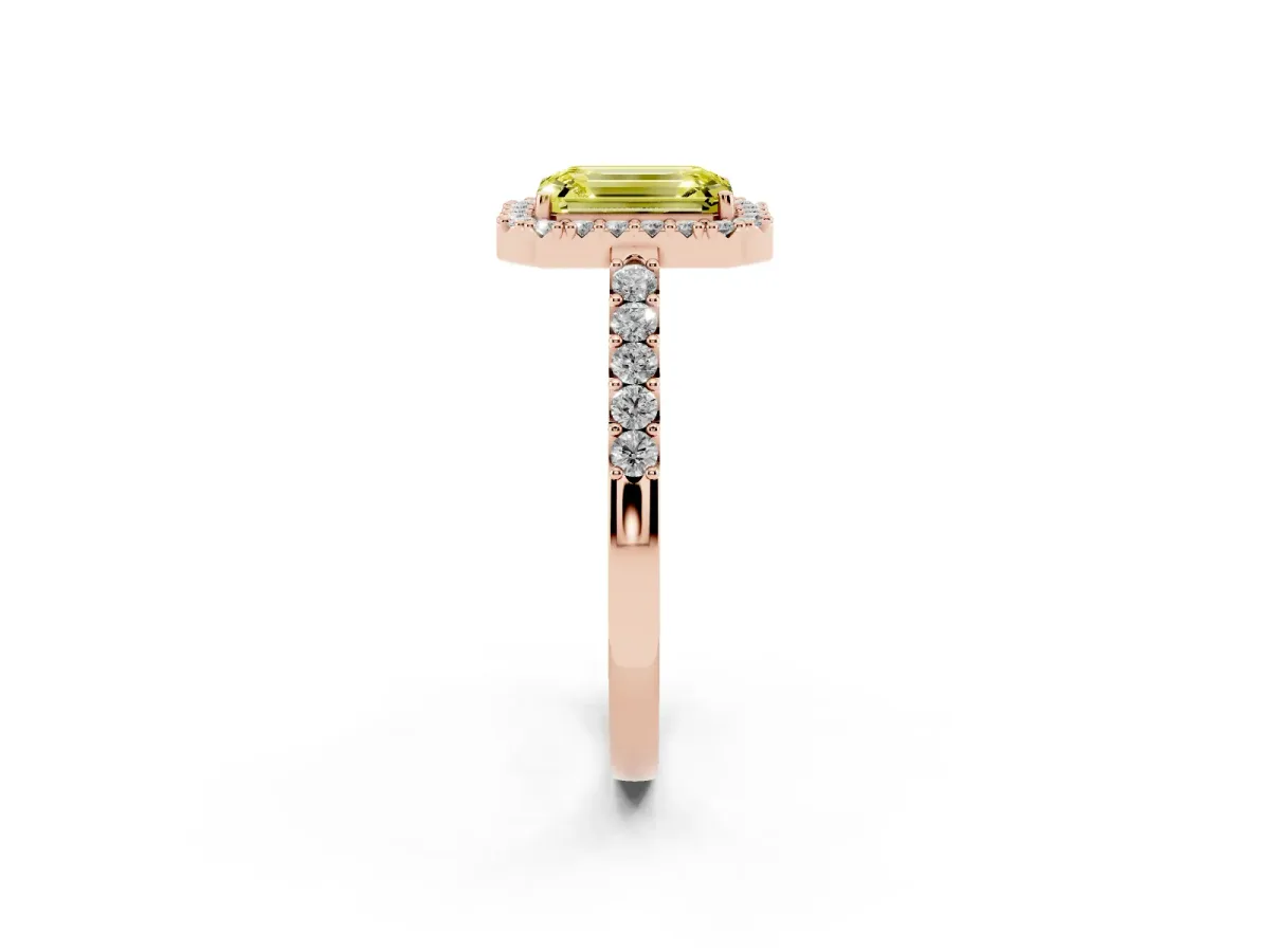 Fancy Yellow Emerald Cut Halo Diamond Pavé Solitaire Ring Rose gold