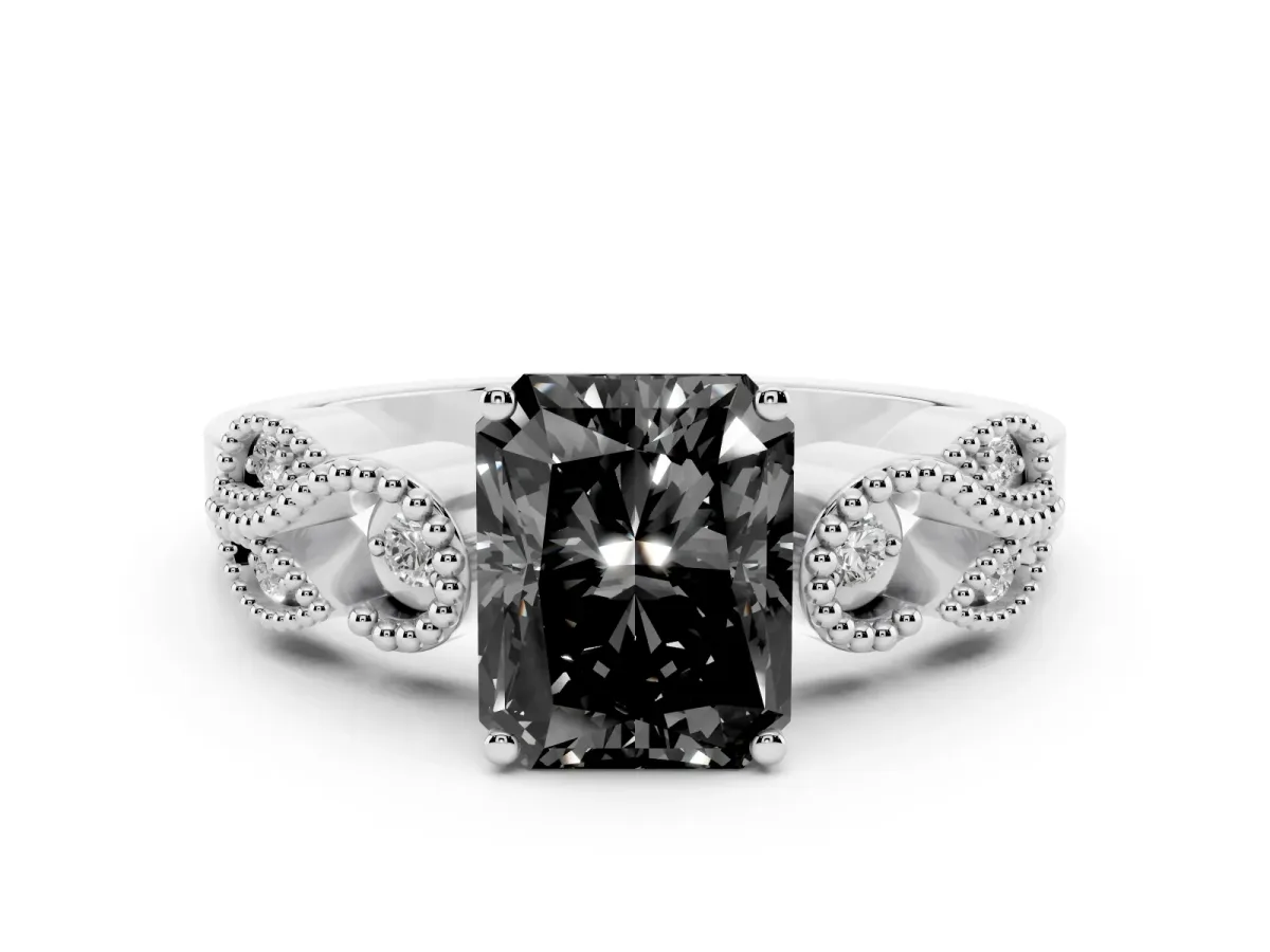Fancy Black Princess Cut Solitaire Milgrain Leaf Band with Prong Setting Platinum