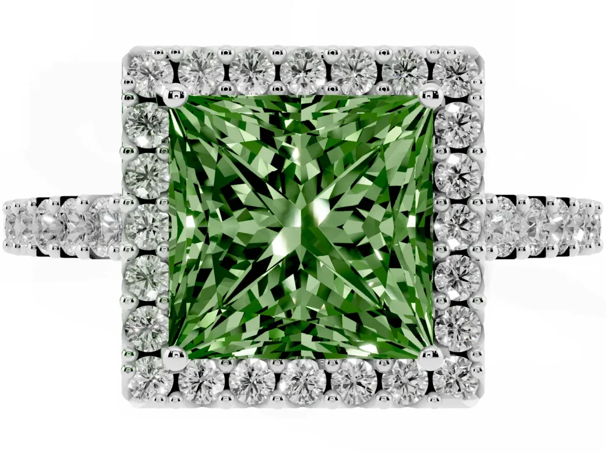 Fancy Green Princess Cut Halo Diamond Pavé Solitaire Ring Platinum