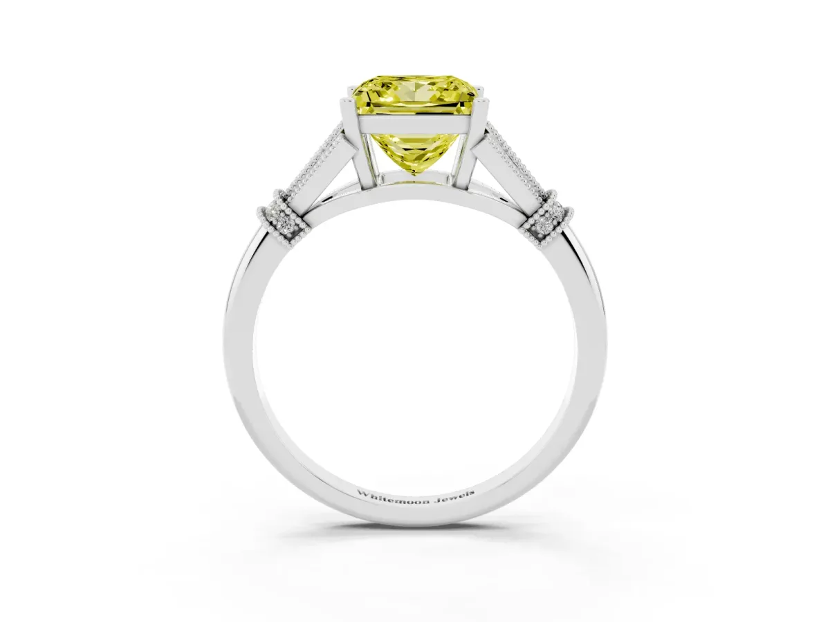 Fancy Yellow Princess Cut Diamond Solitaire Ring with Floral Filigree and Pave Accents White gold