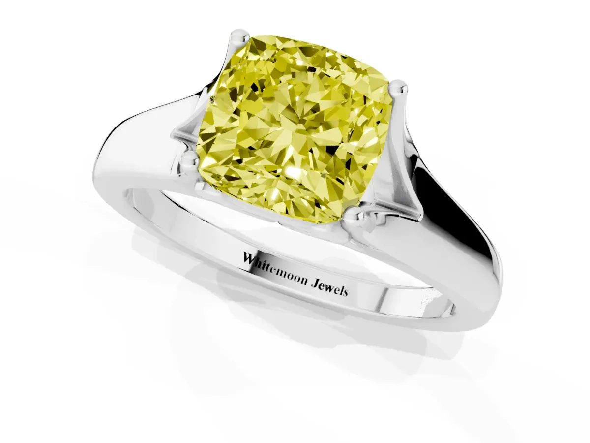 Fancy Yellow Cushion Cut Solitaire Diamond Ring with Cathedral Band and Four-Prong Setting Silver