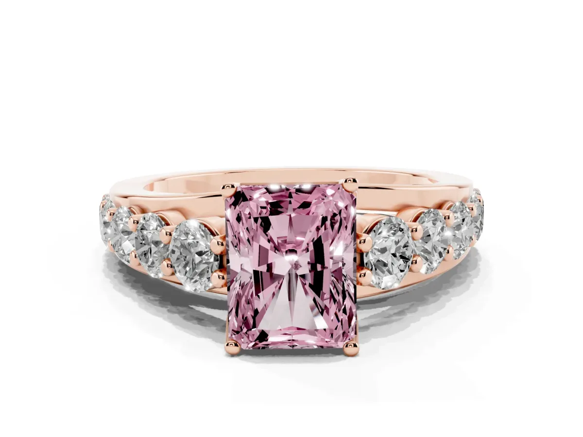 Fancy Pink Radiant Cut Diamond Engagement Ring with Pavé Band and Four-Prong Setting Rose gold