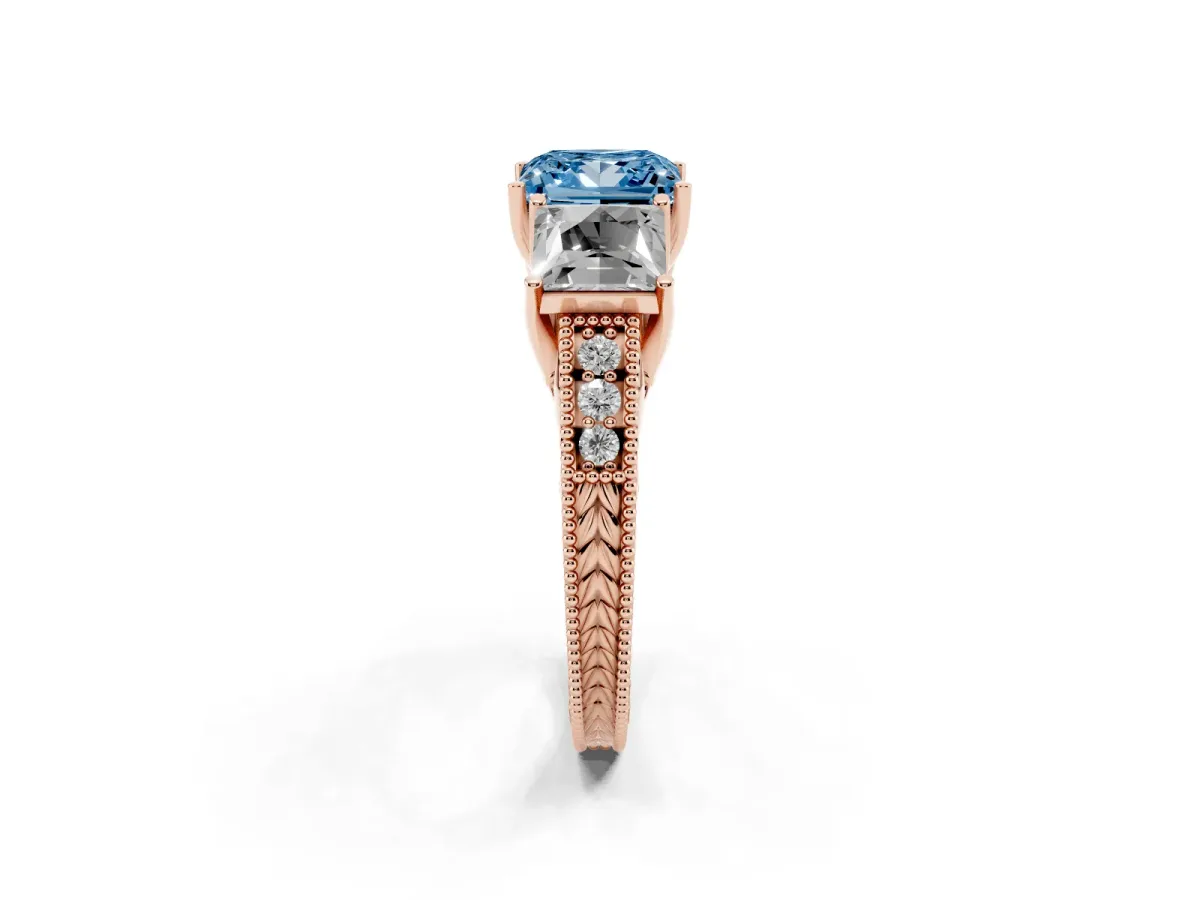 Fancy Blue Three-Stone Princess Cut Cut Milgrain Pavé Engagement Ring Rose gold