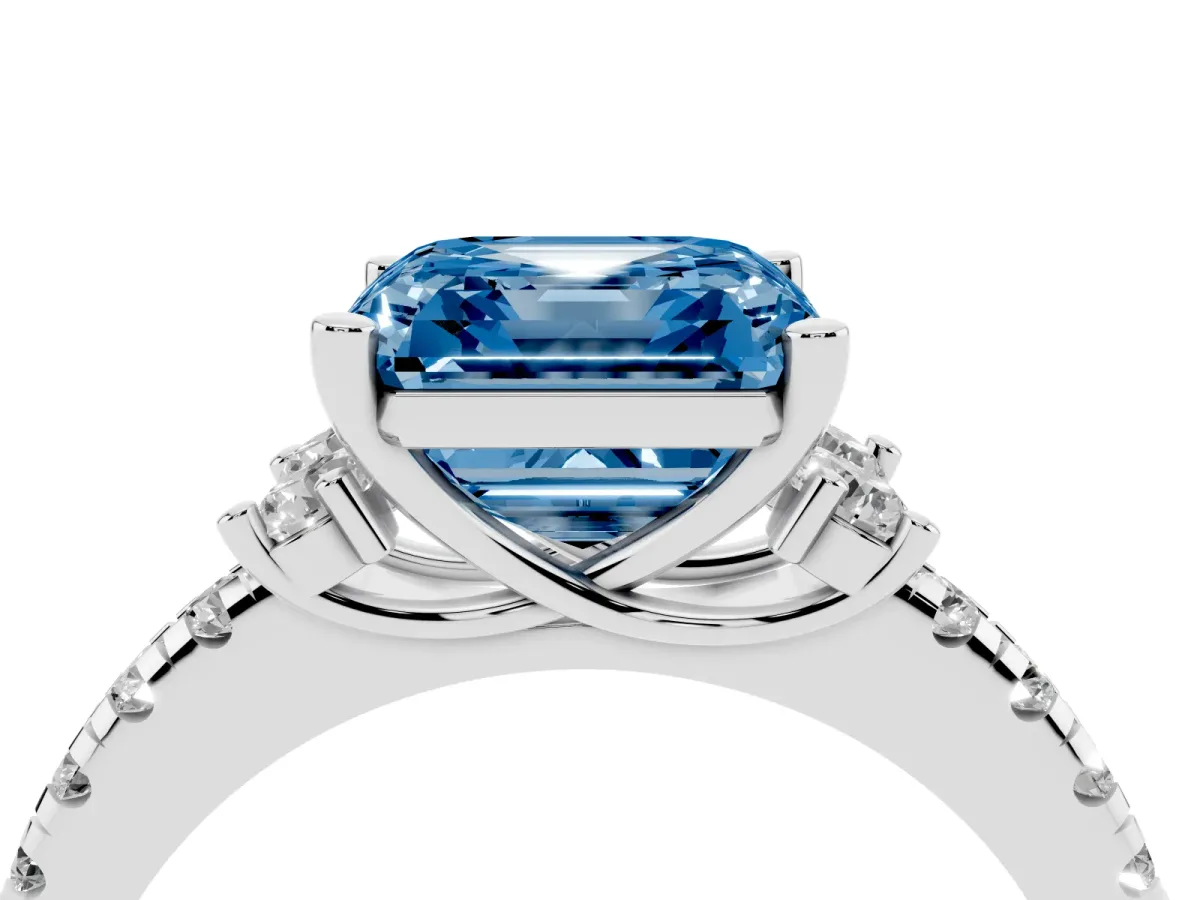 Fancy Blue Asscher Cut Diamond Three-Stone Pave Band with Four-Prong Setting Platinum