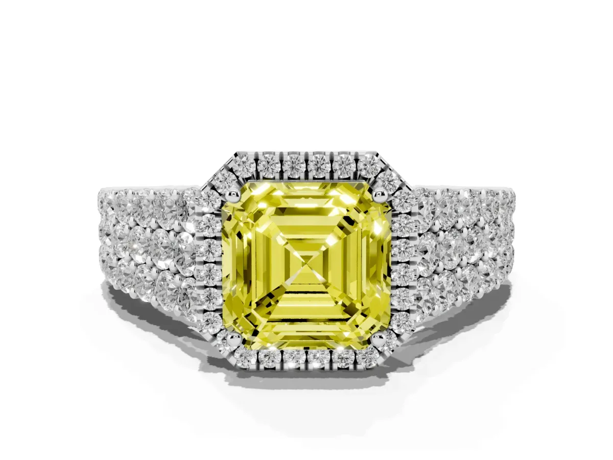 Fancy Yellow Asscher Cut Diamond Halo Engagement Ring with Triple Row Round Pavé Band and Prong Setting White gold
