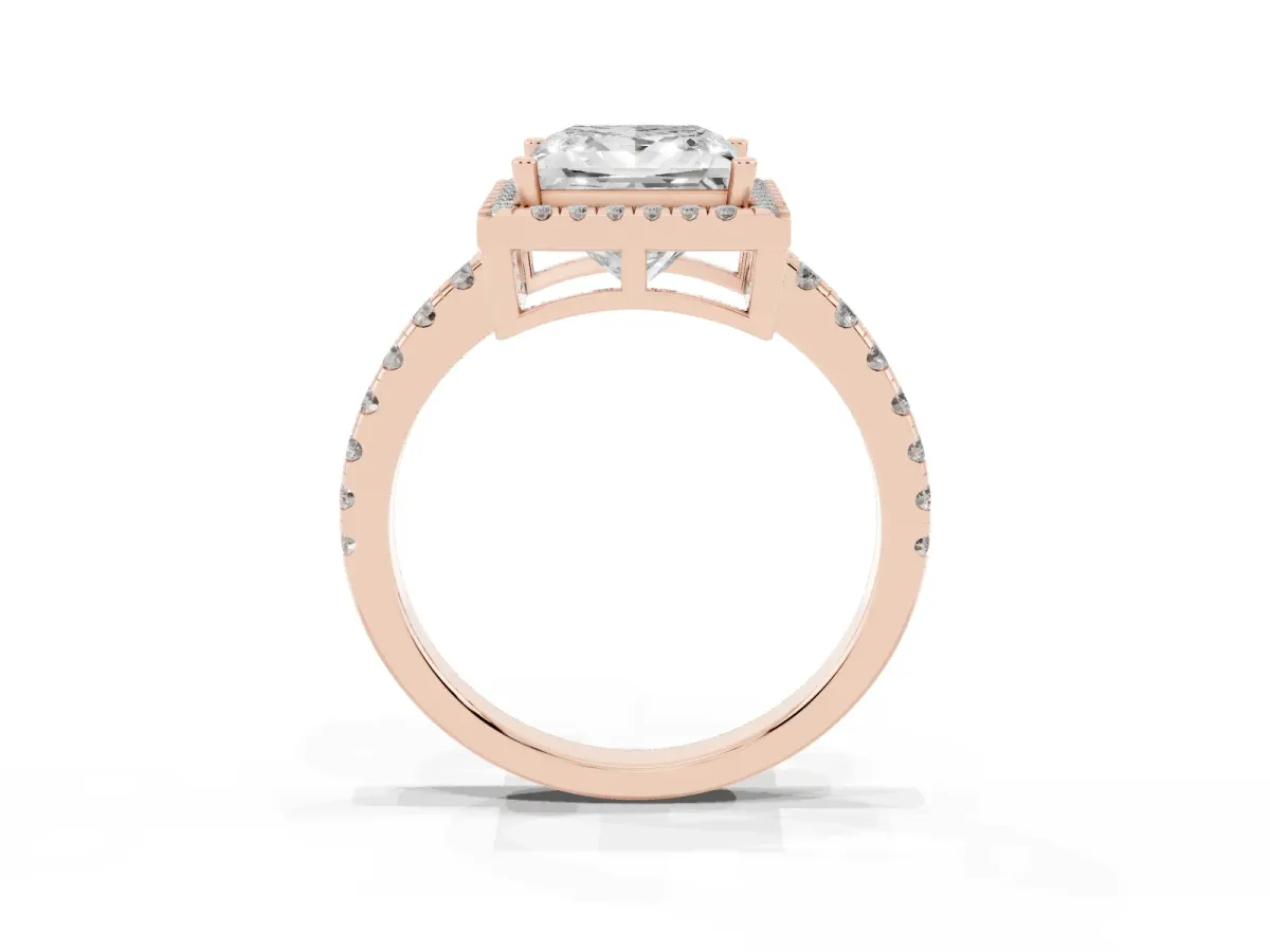 Princess Cut Diamond Halo Ring with Pavé Band and Four-Prong Setting Rose gold