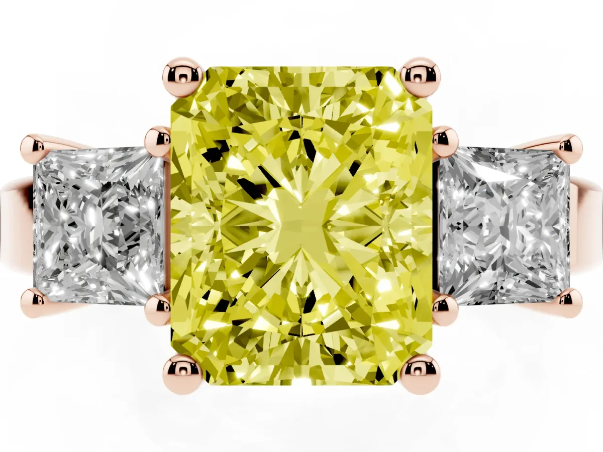 Fancy Yellow Three-Stone Radiant Cut Cut Solitaire Ring with Prong Setting Rose gold