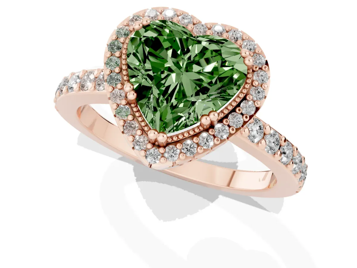 Fancy Green Heart Cut Cut Diamond Halo Engagement Ring with Milgrain Detail and Pavé Band Rose gold