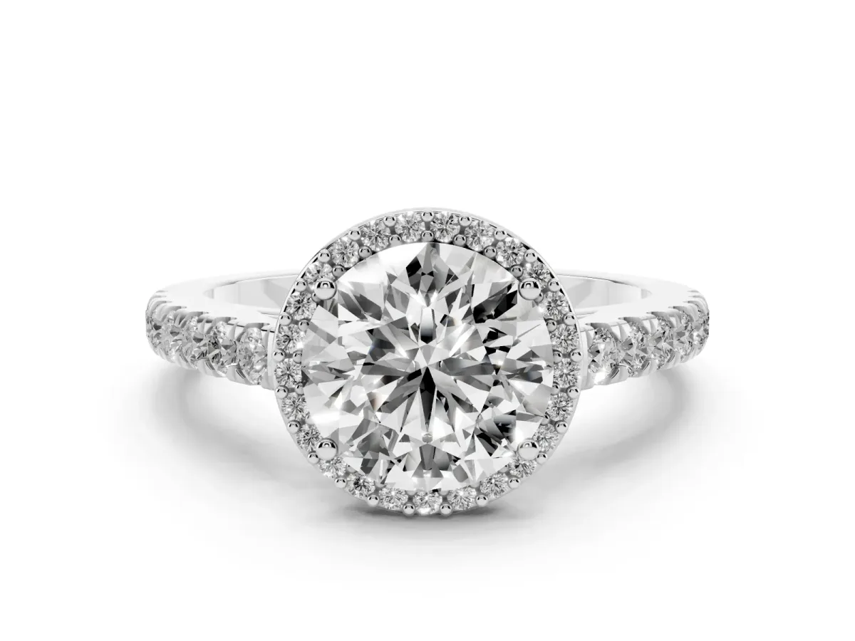 Round Cut Cut Halo Diamond Engagement Ring with Pave Band and Four-Prong Setting White gold