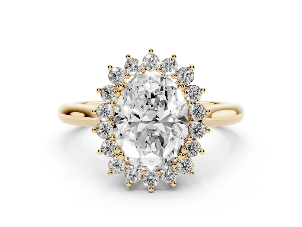 Oval Cut Cut Diamond Halo Ring with Solitaire Band and Prong Setting Yellow gold