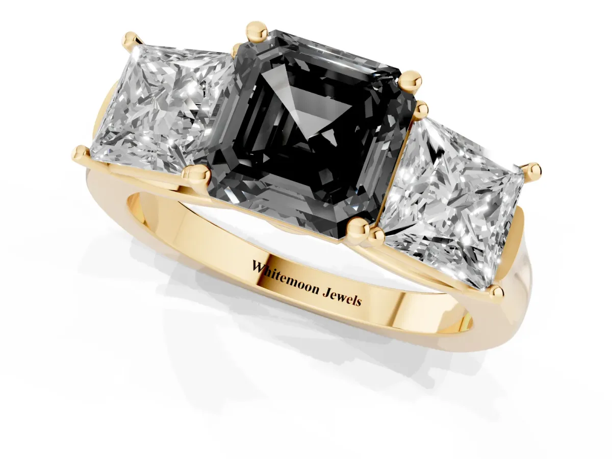 Fancy Black Three-Stone Asscher Cut Brilliant Diamond Trellis Ring with Comfort Fit Band Yellow gold