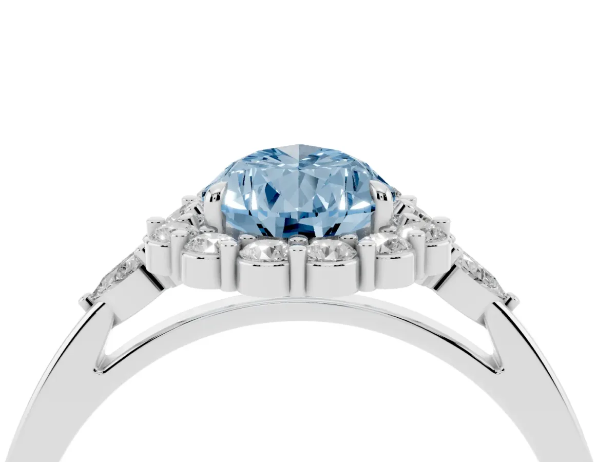 Fancy Blue Pear Cut Diamond Halo Ring with Pear Side Stones and Prong Setting Silver