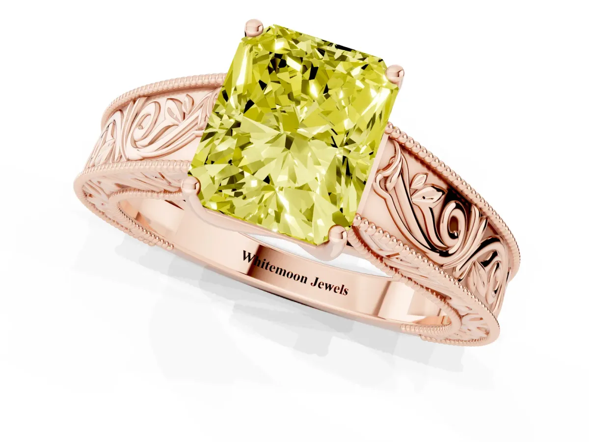 Fancy Yellow Radiant Cut Diamond Solitaire Ring with Engraved Band and Four-Prong Setting Rose gold