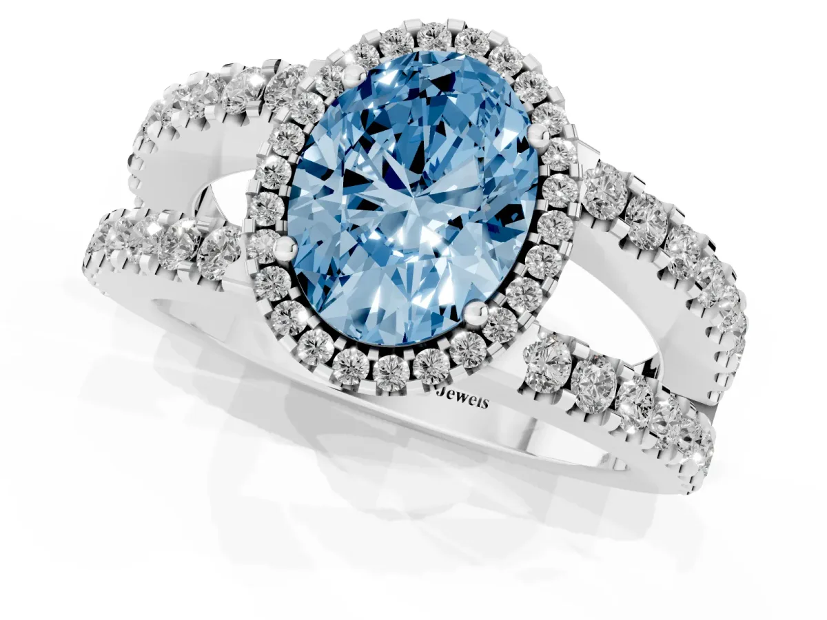 Fancy Blue Oval Cut Cut Halo Split Shank Diamond Ring with Four-Prong Setting Silver