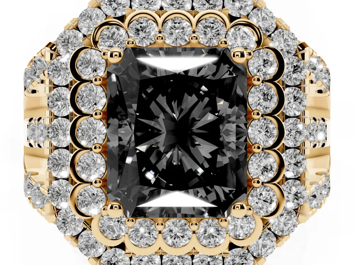 Fancy Black Radiant Cut Diamond Double Halo Ring with Round Pavé Split Shank and Prong Setting Yellow gold