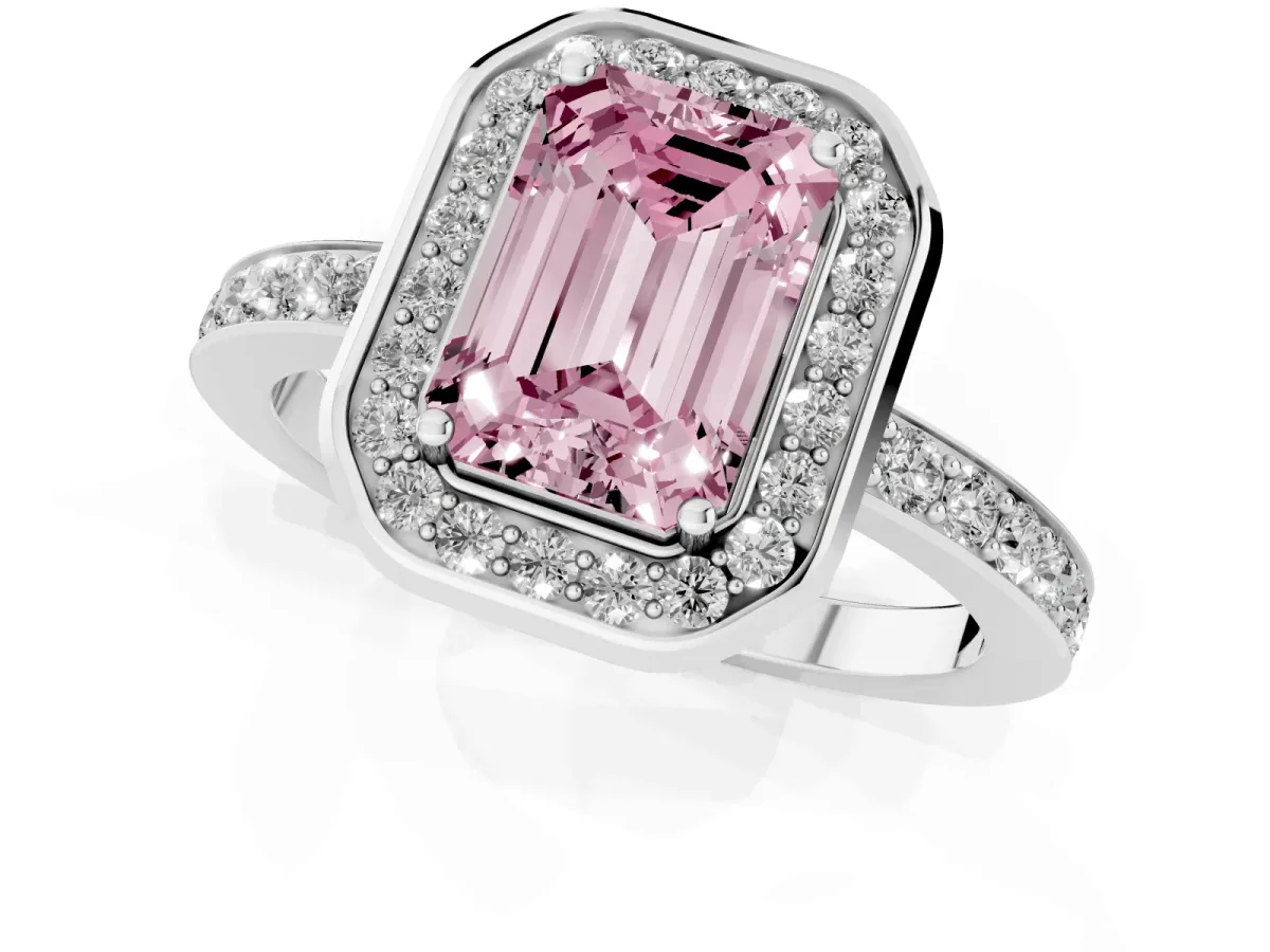 Fancy Pink Emerald Cut Diamond Halo Ring with Bezel Frame and Pavé Band Silver