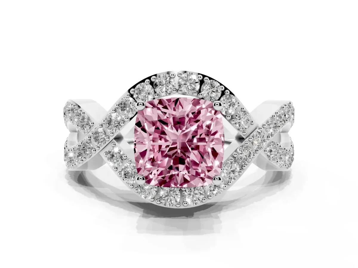 Fancy Pink Cushion Cut Solitaire Twist Band Pavé Diamond Engagement Ring Silver