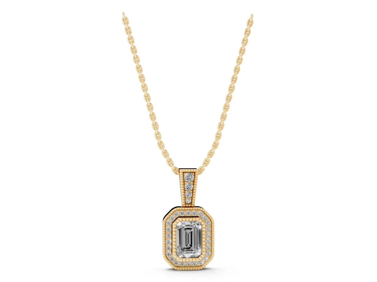 Emerald Cut Halo Diamond Pendant with Pavé Setting Yellow gold