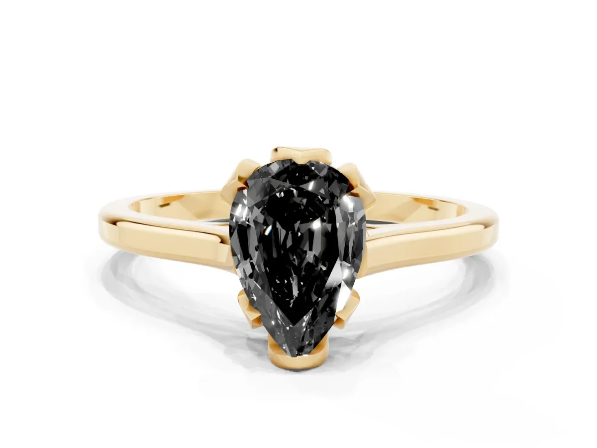Fancy Black Pear Cut Diamond Solitaire Ring with Flower Prong Setting and Classic Band Yellow gold