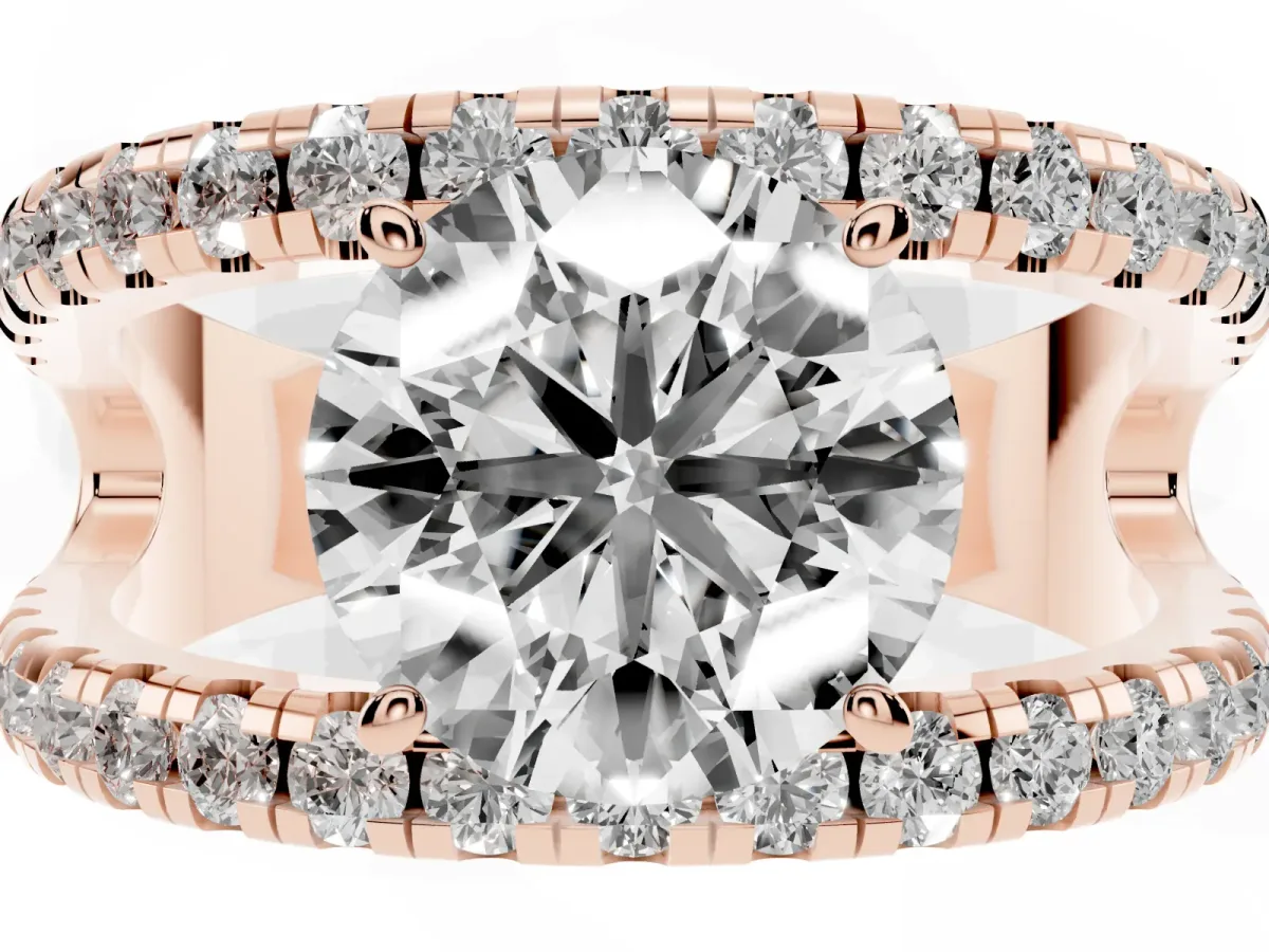Round Cut Solitaire Split Shank Pave Diamond Ring Rose gold