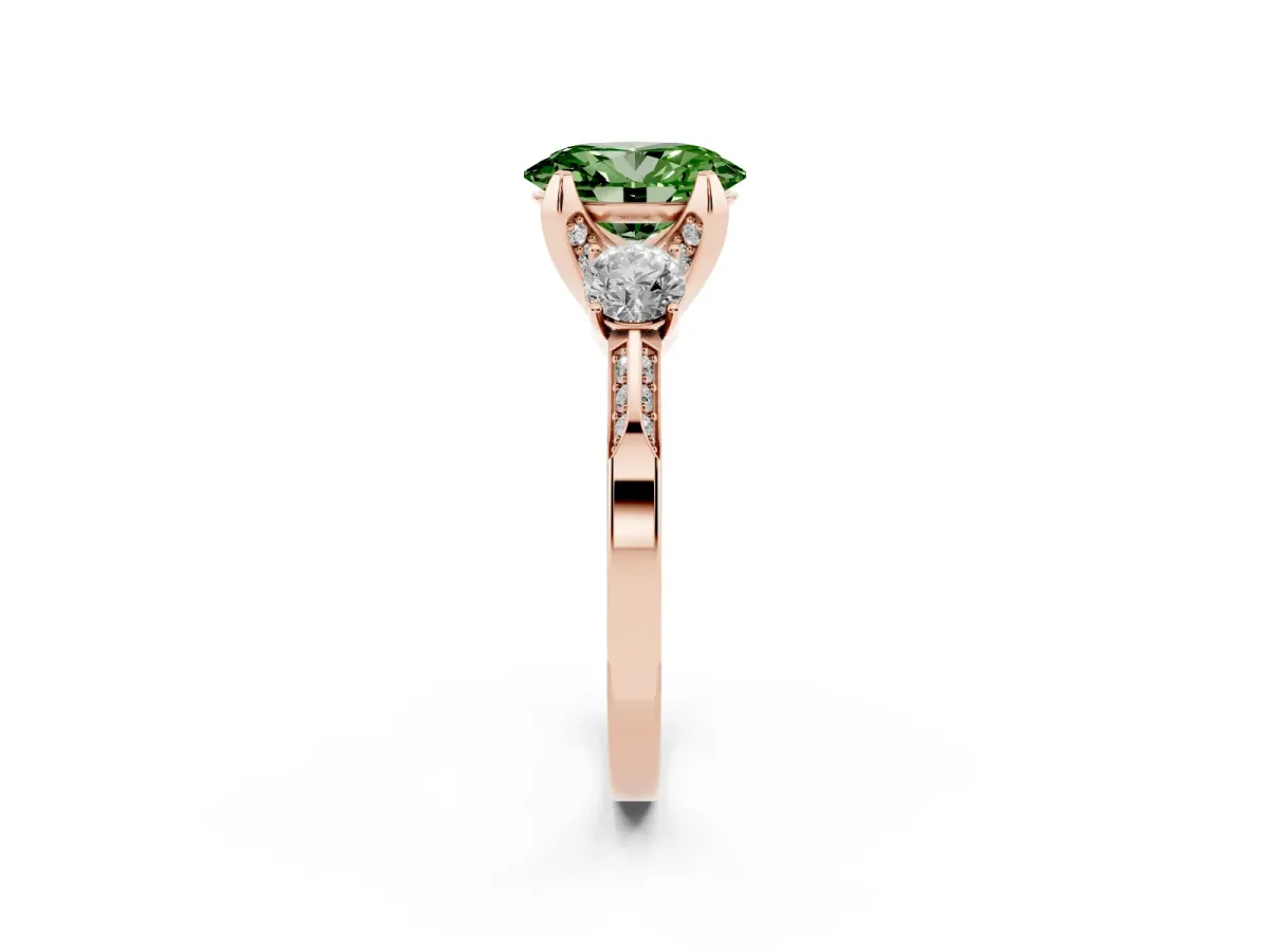 Fancy Green Oval Cut Brilliant Three-Stone Diamond Ring with Pavé Band and Four-Prong Setting Rose gold