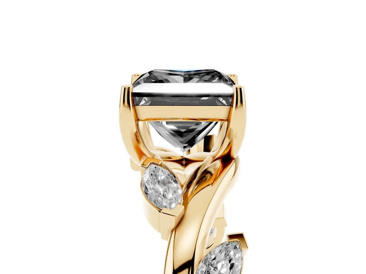 Fancy Black Princess Cut Solitaire Twisted Band Marquise Accent Prong Setting Ring Yellow gold