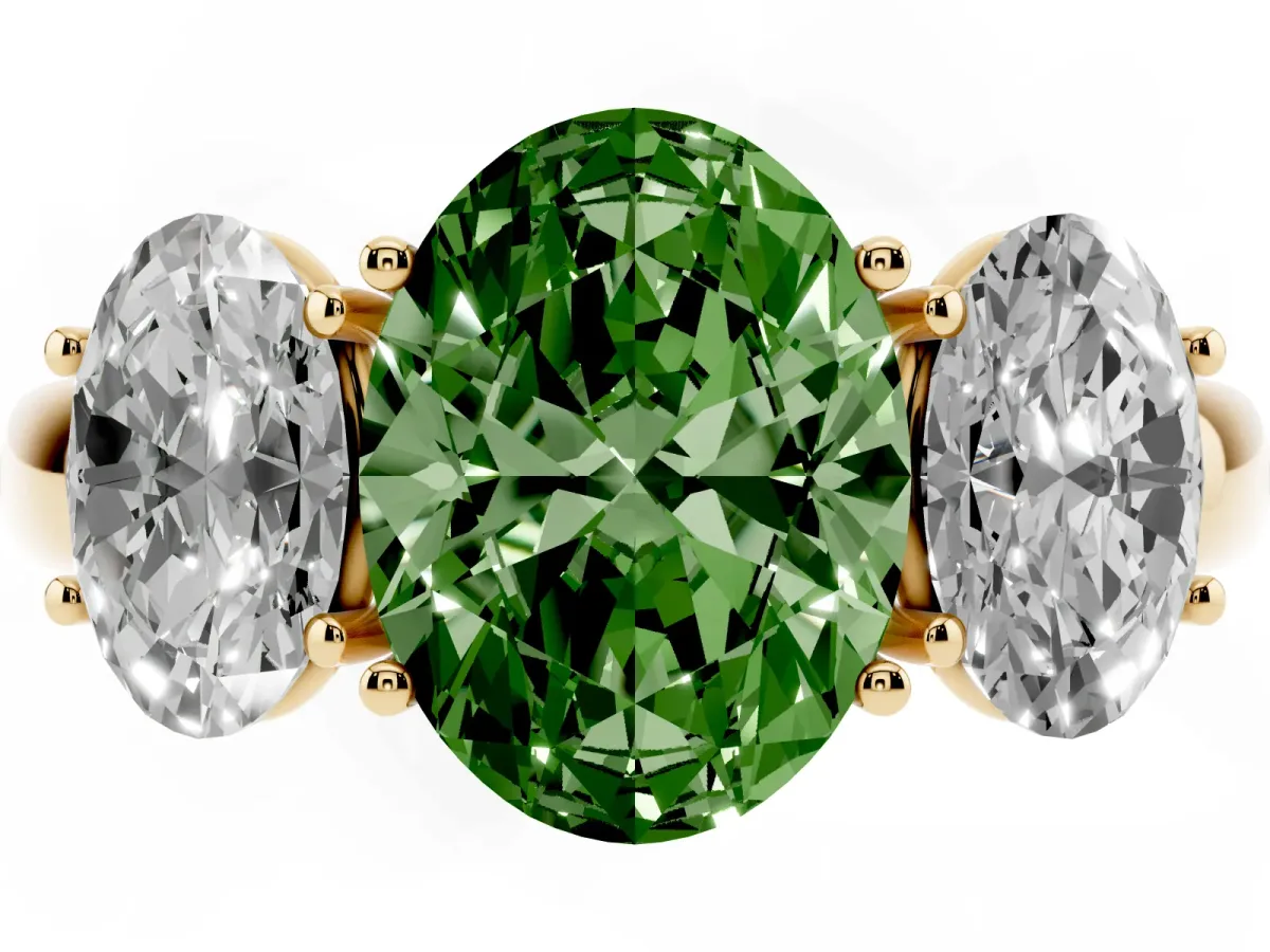 Fancy Green Oval Cut Diamond Three-Stone Ring with Four-Prong Setting and Classic Band Yellow gold