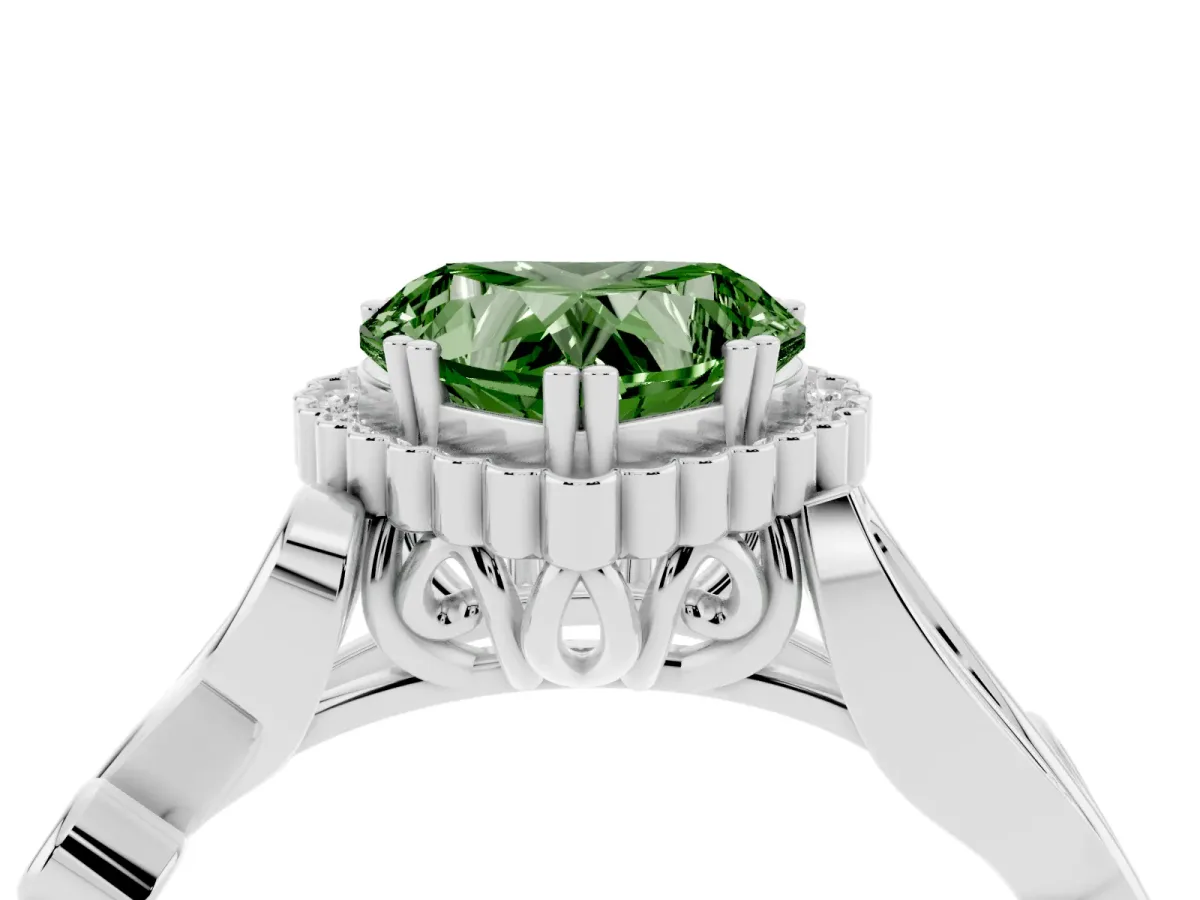 Fancy Green Heart Cut Diamond Halo Ring with Vintage Split Shank and Four-Prong Setting Silver