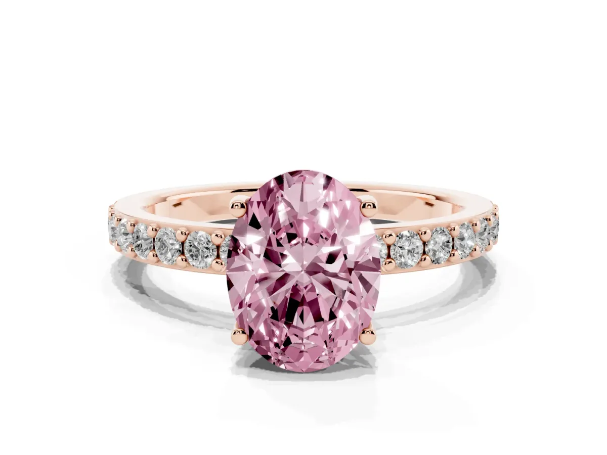 Fancy Pink Oval Cut Cut Diamond Solitaire with Pave Band and Four-Prong Setting Rose gold