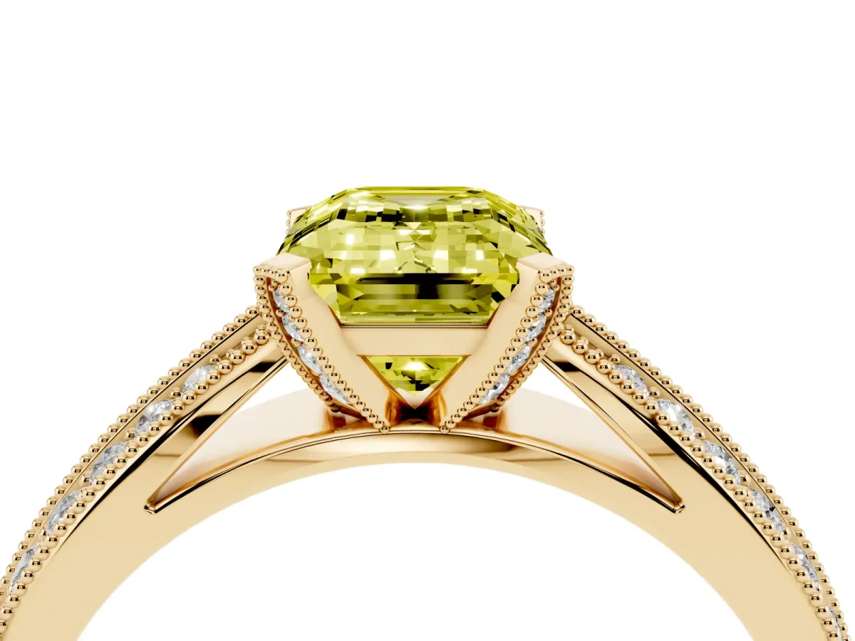 Fancy Yellow Emerald Cut Diamond Solitaire Ring with Milgrain Round Pavé Band and Prong Setting Yellow gold