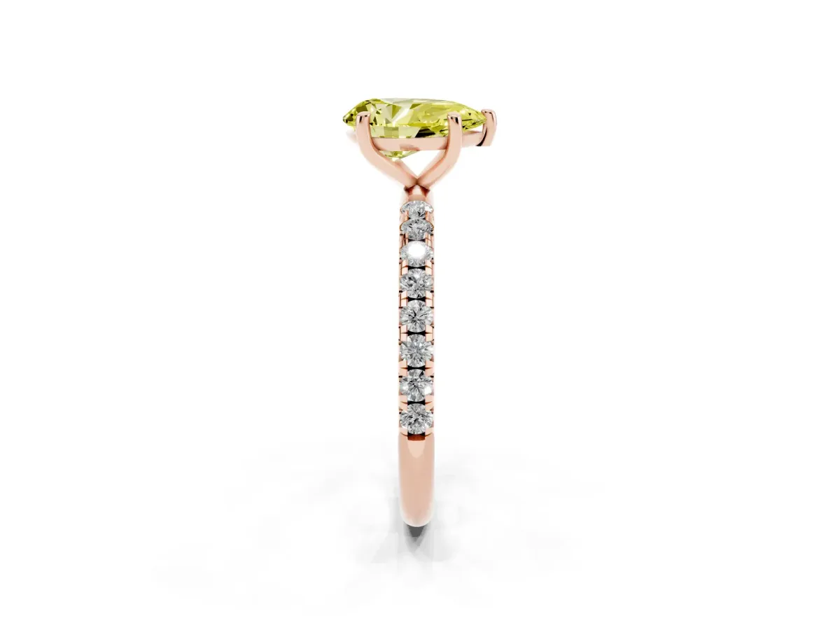 Fancy Yellow Pear Cut Cut Diamond Solitaire Ring with Micro Pave Band and Four Prong Setting Rose gold