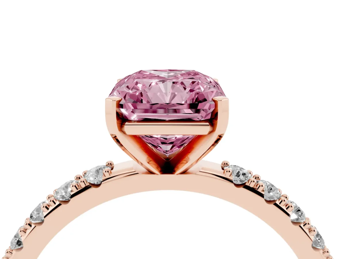 Fancy Pink Radiant Cut Diamond Solitaire Pavé Band with Four-Prong Setting Rose gold