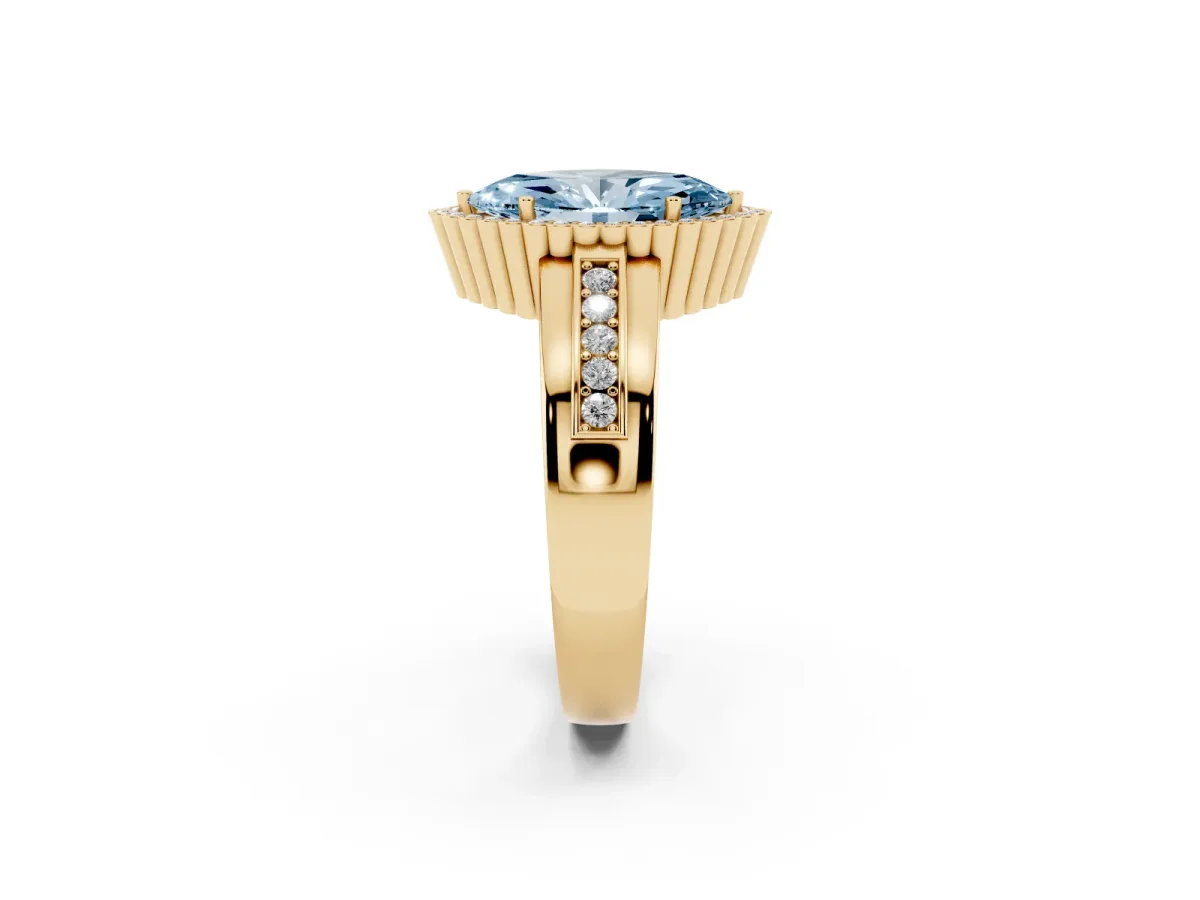 Fancy Blue Marquise Cut Cut Halo Pave Band Four-Prong Ring Yellow gold
