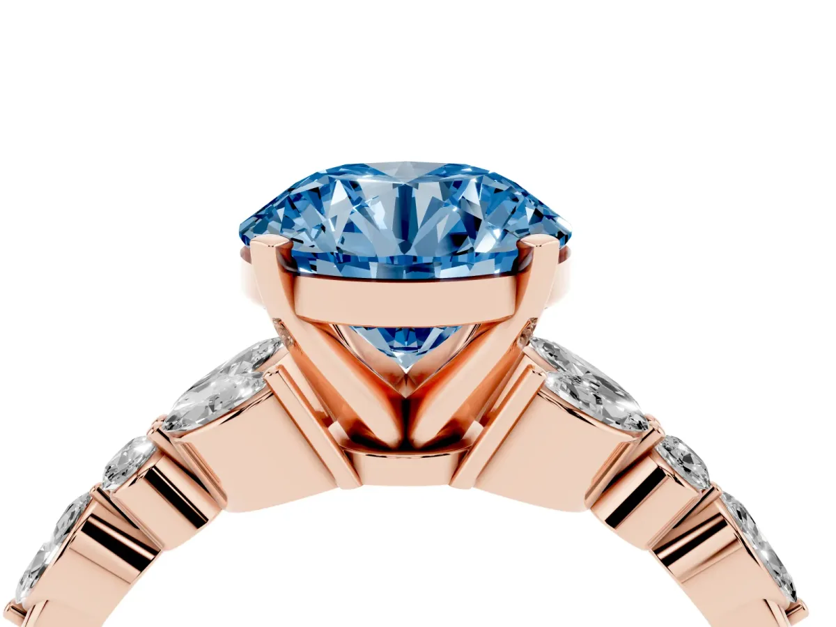 Fancy Blue Round Cut Diamond Solitaire Ring with Side Stones and Four-Prong Setting Rose gold