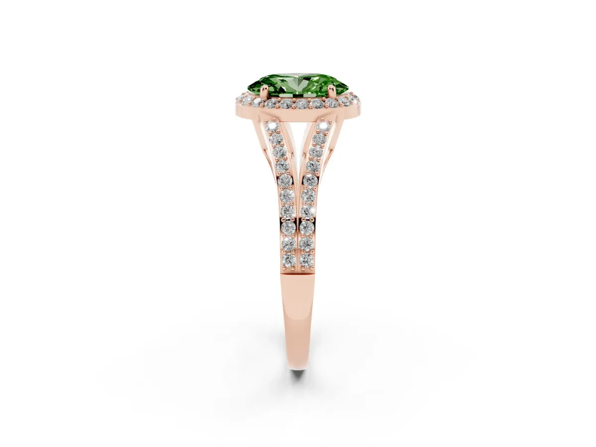 Fancy Green Oval Cut Halo Split Shank Pave Diamond Ring with Four-Prong Setting Rose gold