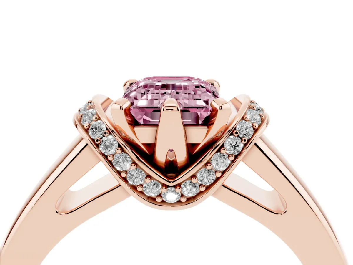 Fancy Pink Emerald Cut Solitaire Diamond Ring with Pave Band and Six-Prong Setting Rose gold