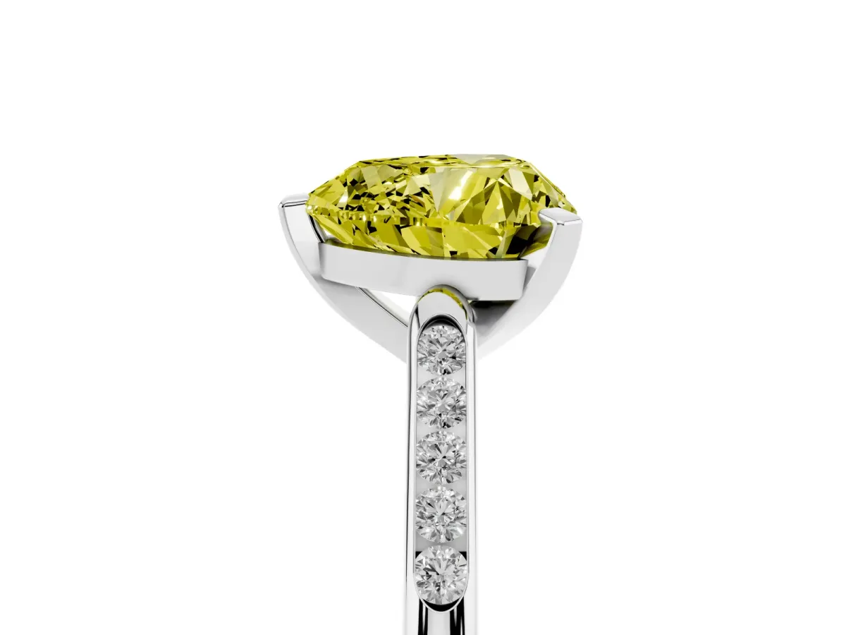 Fancy Yellow Heart Cut Diamond Solitaire Ring with Channel Set Round Band and Prong Setting Silver